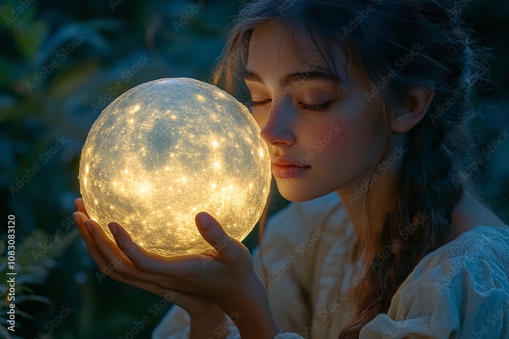 Naklejka premium Enchanting girl with a glowing moon, surreal dreamy atmosphere