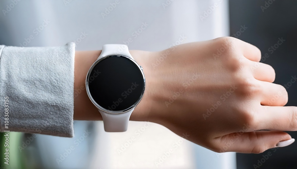 Fototapeta premium blank round smart watch on wrist, empty screen smart watch mockup