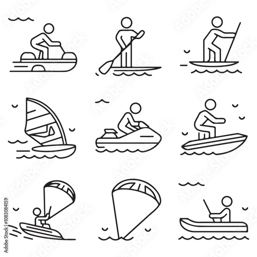 Vector Line Icons Set of Water Sports: Minimalist Designs for SUP Boarding, Jet Skiing, Windsurfing, Kayaking, Parasailing & Water Biking