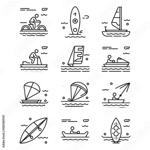 Vector Line Icons Set of Water Sports: Minimalist Designs for SUP Boarding, Jet Skiing, Windsurfing, Kayaking, Parasailing & Water Biking