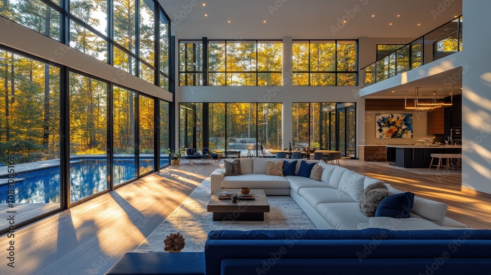 Fototapeta premium Modern living room with large windows overlooking a pool and autumn trees.