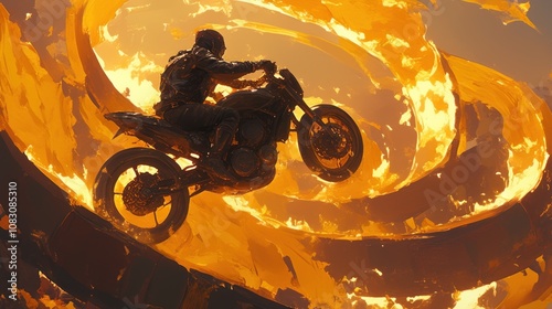 A motorcyclist jumps through a fiery ring, soaring through the air with a determined expression. photo