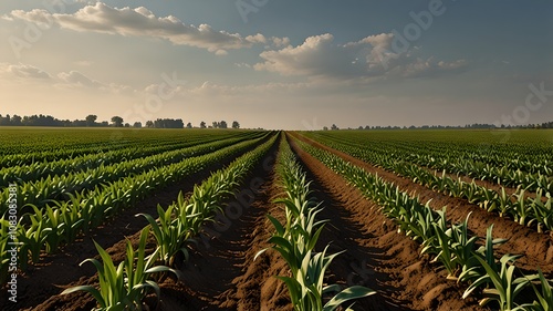 Rows of corn stretching towards the hori generative ai 