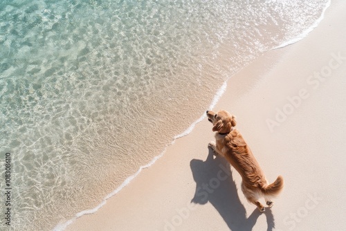 An energetic dog prances along a sunlit beach, the sunlight casting playful shadows on the sand, reflecting joy and liveliness in a picturesque setting. photo