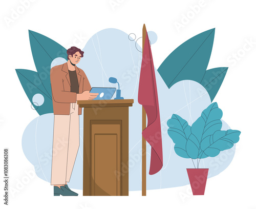 Man with election campaign. Young guy with tablet stands in front of podium with microphone. Politician speaks to audience, answers questions from journalists. Flat vector illustration