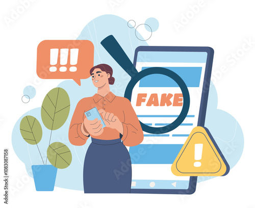 Woman with fake news. Young girl with smartphone reads news. Bad mass media and journalists. Propaganda and disinformation. Flat vector illustration isolated on white background