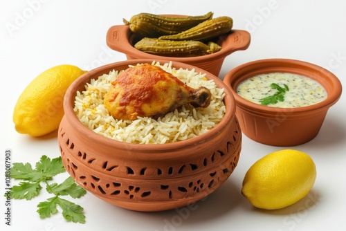 Kerala style chicken dum biriyani with jeera rice and spices served in clay with raitha and lemon pickle isolated on white photo