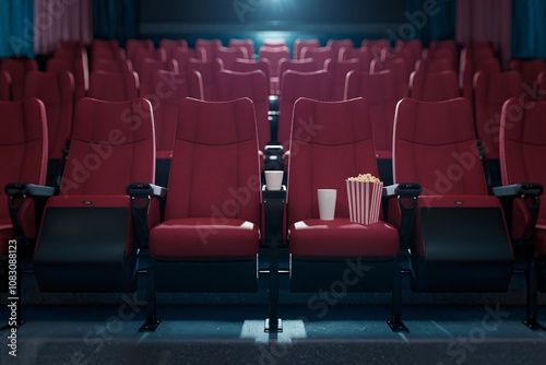 Empty Movie Theater: A cinematic scene of an empty movie theater.  The rows of crimson seats are waiting for the audience to arrive.  The silver screen is bathed in a soft spotlight. photo