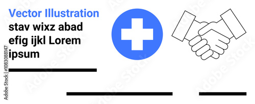 Blue medical cross, black and white handshake, and placeholder text elements. Ideal for healthcare, partnerships, medical services, business collaboration, professional agreements, medical