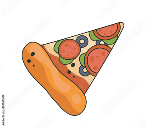 Fast food icon. Slice of pizza with sausage slices. Takeaway eating and fast food. Cafe or catering menu. Sticker for social networks. Linear vector illustration isolated on white background