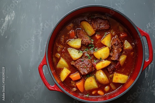 Tomato based beef stew with potatoes and carrots in a red pot against a gray backdrop Slow cooking idea photo