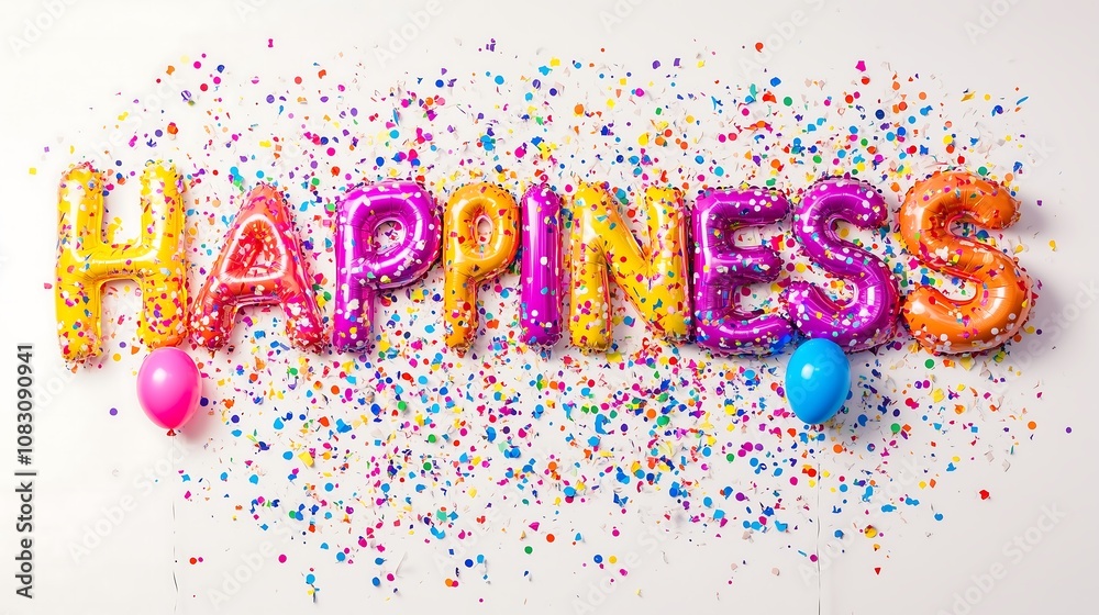 Fototapeta premium Colorful balloons spell out 'Happiness' word surrounded by confetti and vibrant decorations.