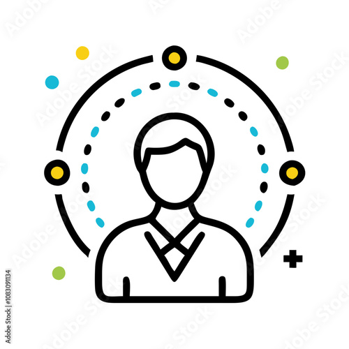 Profile silhouette icon with colorful dots and user interaction elements