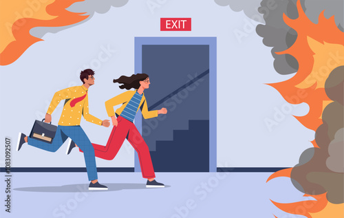 Fire in office. Man and woman escape from burning building. Accident and emergency indoors. Fear and panic. People leaving hall. Danger and hazard. Flat vector illustration
