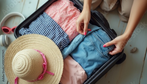 A stylish suitcase is filled with neatly folded clothes, showcasing vibrant colors and patterns, while a wide-brimmed straw hat rests on top, hinting at a fun vacation ahead. The scene radiates