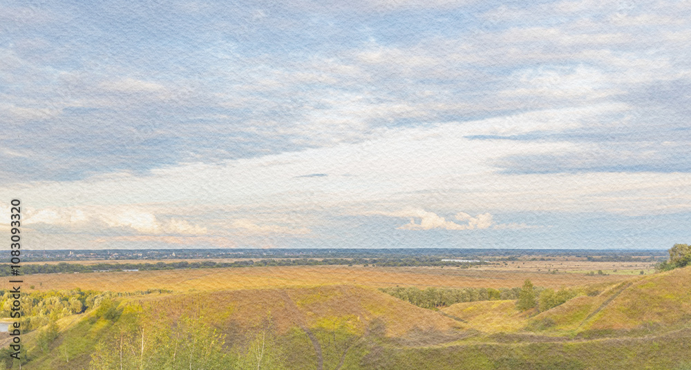 Obraz premium Beautiful landscape with a cloudy sky and a hill in the background