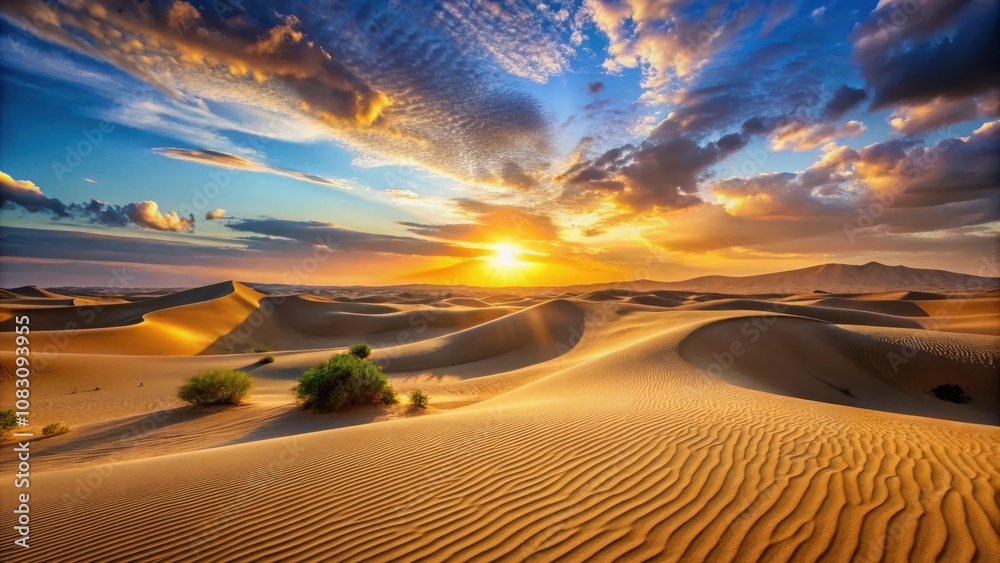 Naklejka premium Stunning desert landscape at sunset with sand dunes showcasing natural beauty and tranquility