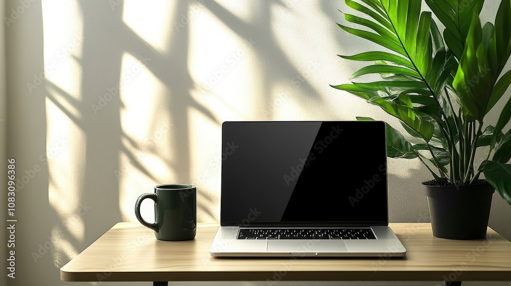 Fototapeta premium Minimalist workspace with a modern laptop, coffee mug, and green plant on a wooden desk