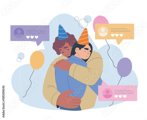Happy birthday online. Man and woman hugging near balloons and speech bubbles. Communication on social networks and instant messengers. Virtual party and event. Flat vector illustration