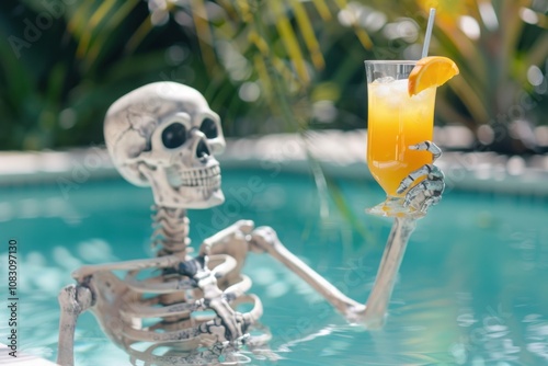 A skeleton enjoys a refreshing cocktail by the pool, embracing a Halloween vibe in a minimalist setting on a sunny day photo