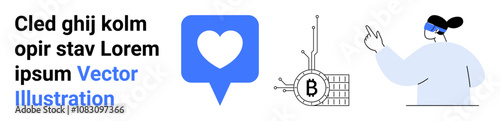 Bitcoin coin integrated with circuit, person in mask pointing, large blue heart inside a chat bubble. Ideal for fintech, blockchain, social media, digital payments, tech blogs, financial tools