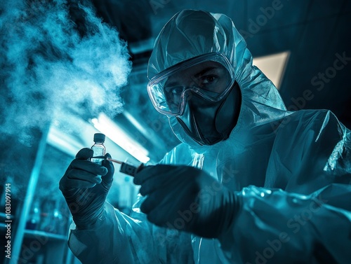Professional photo of a scientist in full protective gear working in a high-security biosafety lab
