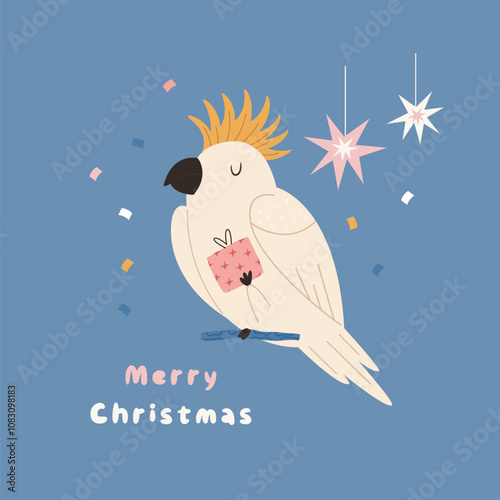 Christmas Greeting Card with Funny Cockatoo and Gift Box. Australian Holiday Illustration, Design.