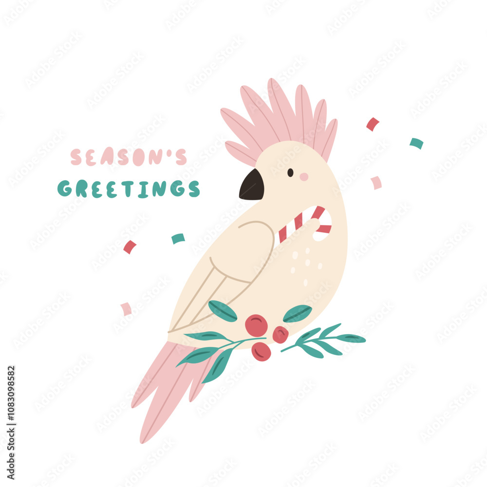 Obraz premium Christmas Greeting Card with Funny Cockatoo Sitting in Bushes. Australian Holiday Illustration, Design.