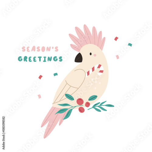 Christmas Greeting Card with Funny Cockatoo Sitting in Bushes. Australian Holiday Illustration, Design.