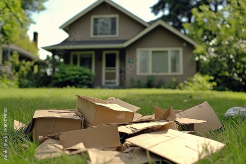 Discarded cardboard boxes cluttering the grass near a suburban house photo