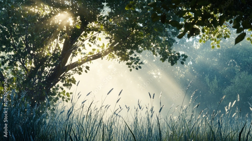 Fototapeta premium The light of the dawn sun barely emerging from behind the horizon breaks through the branches of trees and grass