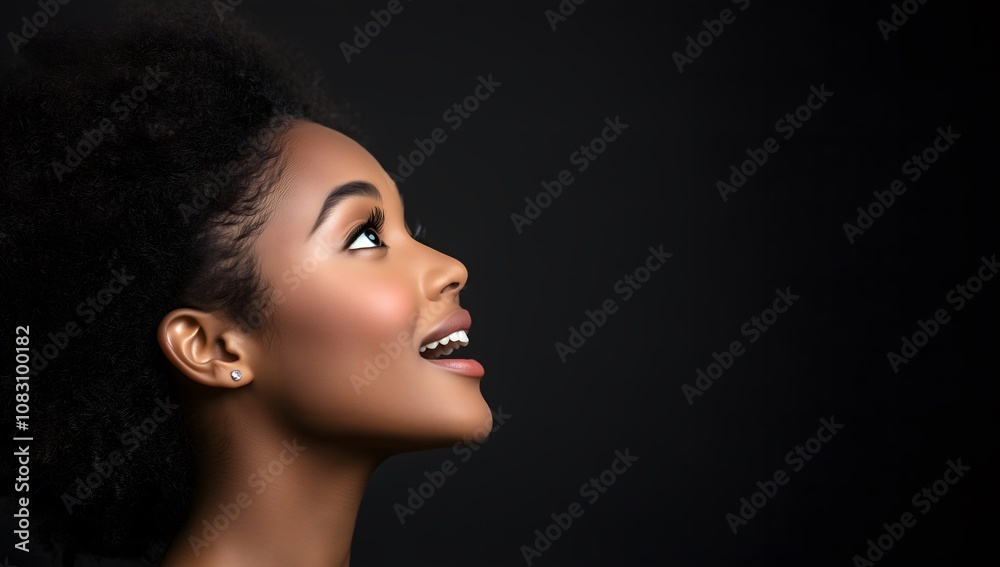Fototapeta premium This artwork features a woman with natural curls, showcasing her joyful expression and profile against a deep black background. The light accentuates her features beautifully and artistically.