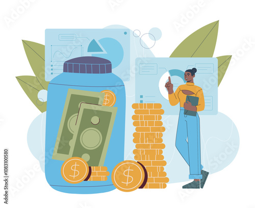 Woman with profit increase. Young girl near a glass jar with gold coins and banknotes. Financial literacy and passive income. Entrepreneur, investor and trading. Flat vector illustration