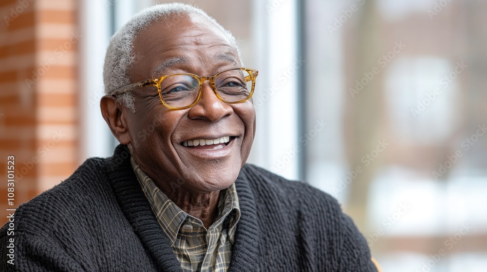 Fototapeta premium An elderly man smiles while discussing with a counselor in an inviting atmosphere, illuminated by sunlight from a nearby window