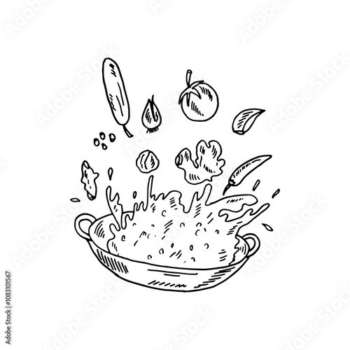 Hand-drawn doodle cartoon of a frying pan or wok with ingredients flying out.