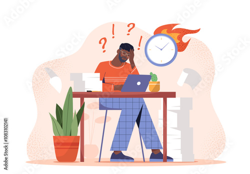 Man in office with deadline. Young guy sits with laptop near burning clock. Deadline pressure and burnout, stress. Overworked employee at workplace. Flat vector illustration