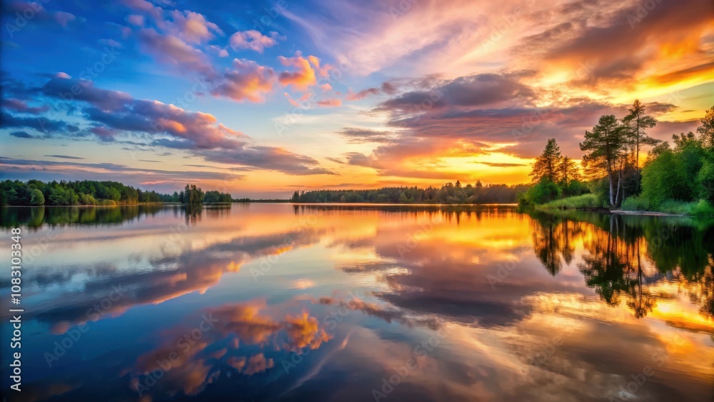 Obraz premium A vibrant sunset paints the sky with hues of orange, pink, and blue, reflecting beautifully on the serene surface of a tranquil lake, surrounded by a lush forest