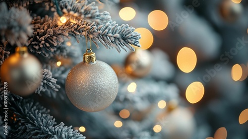 Christmas tree decorations. A minimalist Christmas aesthetic with a gold ornament. Christams card.