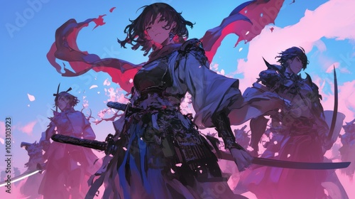 Three anime characters stand in a dramatic pose with swords drawn, with a pink and blue sky behind them.
