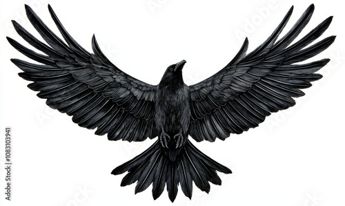 Black raven with outstretched wings, white isolate background.