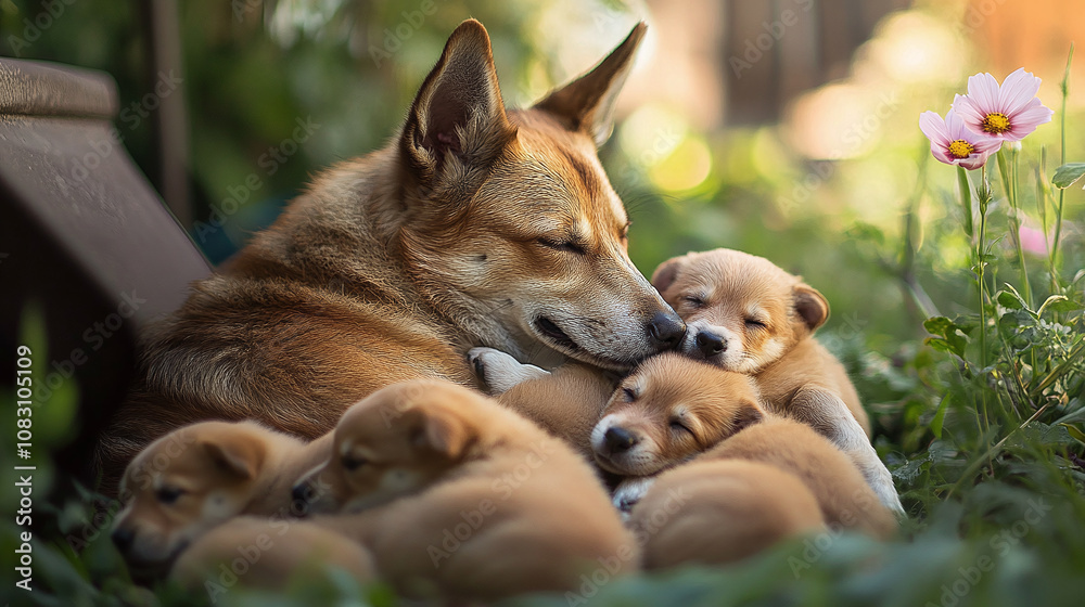 Fototapeta premium Dog mother nursing her puppies in a backyard garden