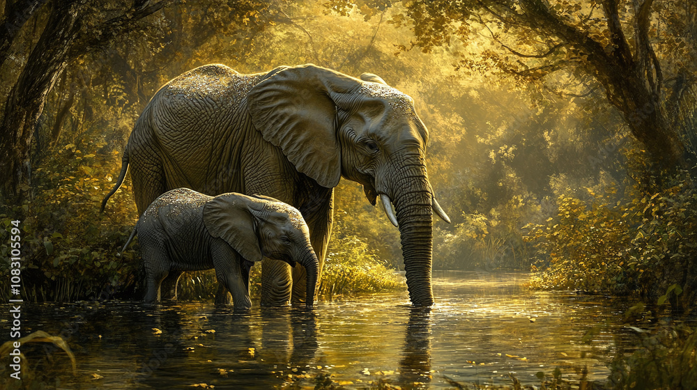 Fototapeta premium Mother elephant gently guiding her calf to drink water from a river