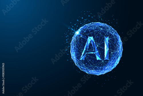 Artificial intelligence concept with transparent abstract sphere and AI letters on blue background. 