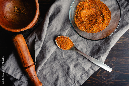 Spoonful of Homemade Berbere Spice Blend: Mixture of ground herbs and spices in a metal spoon next to a glass bowl and wooden mortar and pestle