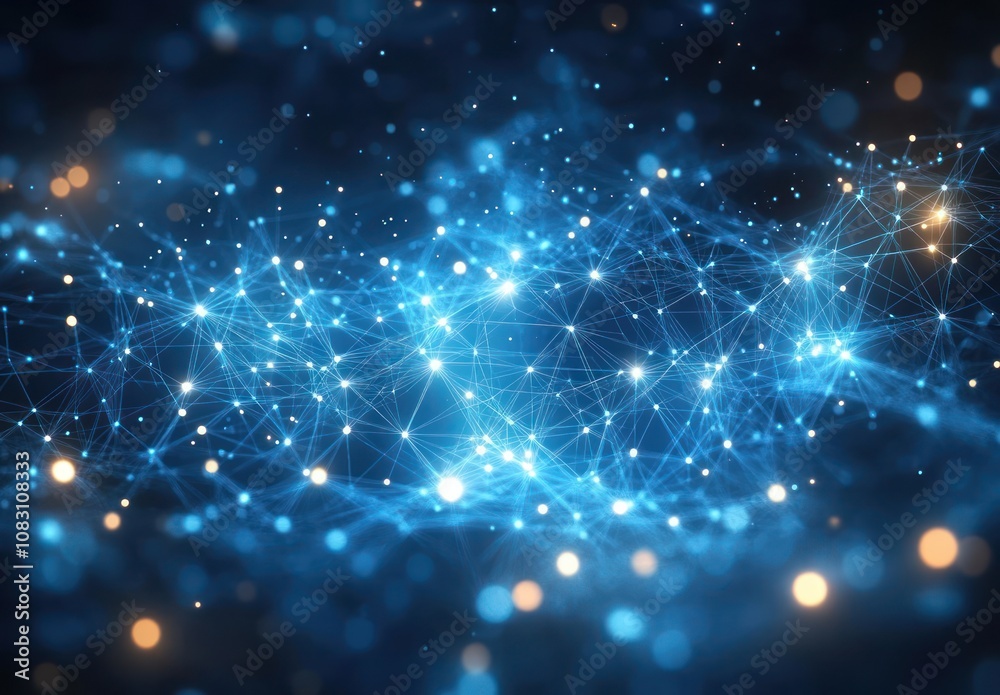 Fototapeta premium Abstract blue and gold digital network with glowing particles.