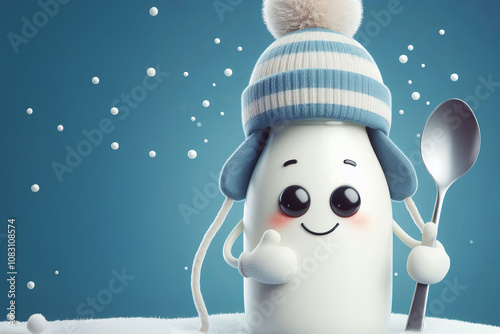 a bottle of milk wearing winter hat holding a spoon in left hand, light smiling, big eyes, high key photo