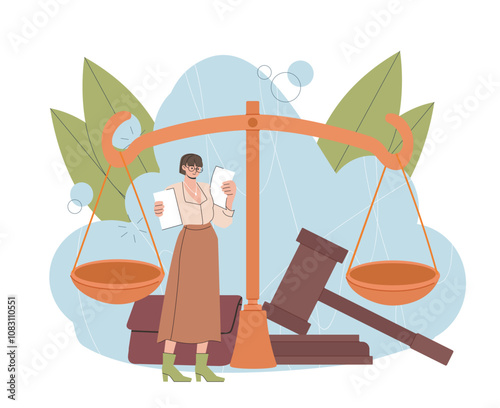 Woman with rules and laws. Young girl stands near huge scales and judge gavel. Legal support of deals. Justice and judgement. Flat vector illustration isolated on white background