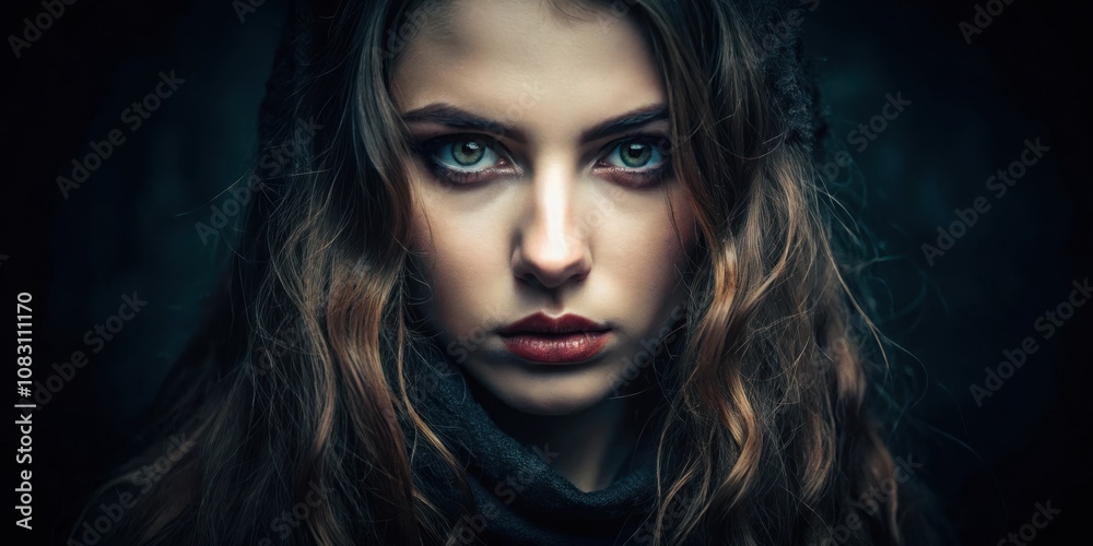 Naklejka premium A mysterious woman with long wavy hair stares intensely, her green eyes piercing the viewer, a hint of darkness lingers in her gaze.