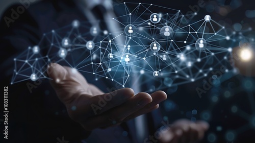A hand presenting a network of interconnected user icons, symbolizing digital connectivity and social networks.