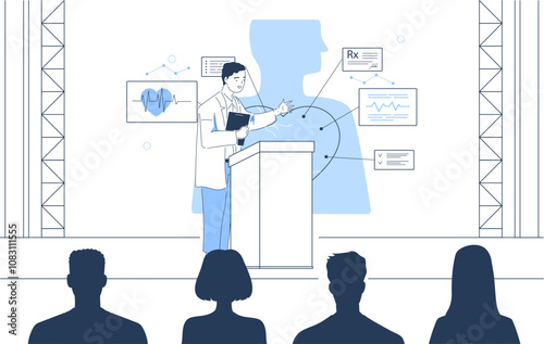 Scientific conference concept. Man in medical uniform performs on stage next to presentation showing structure of heart. Medical congress. Linear vector illustration isolated on white background